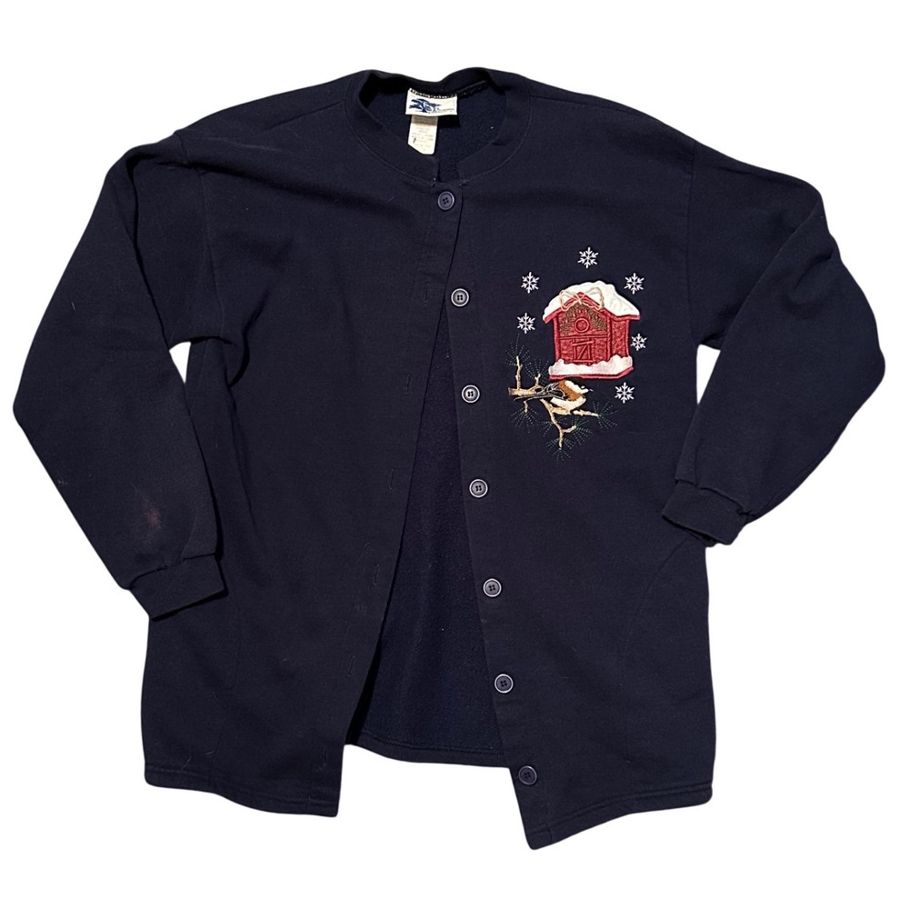 Pleasant‎ Shade Embroidered Barn Birdhouse Cardigan Navy Blue Women's L